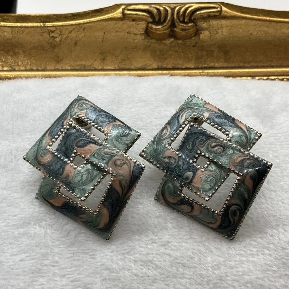 Vtg 80's Enamel Swirl‎ Earrings Square Pink Green Blue Silver Tone Pierced Funky